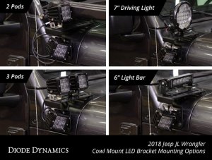 Jeep Wrangler LED Light Pods - Diode Dynamics - SS3 Cowl Kit - White - `18-`25